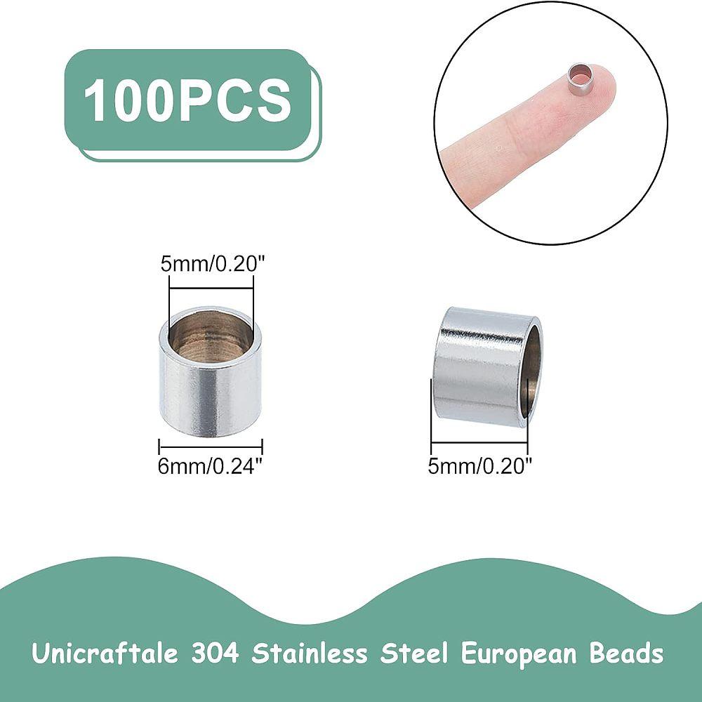 304 Stainless Steel European Beads, Column, Stainless Steel Color, 6x5mm, Hole: 5mm, 100pcs/box