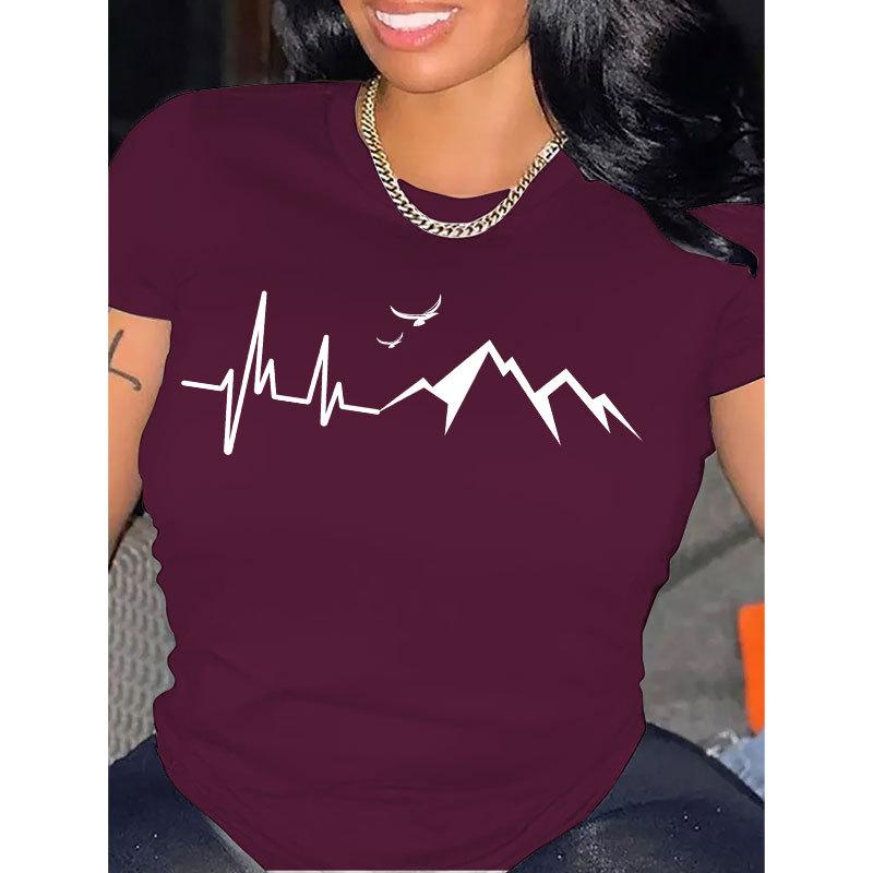 Letnia okrągła szyja góra z nadrukiem wzoru górskiego modna casualowa z krótkim rękawem damskie bawełniane koszulki