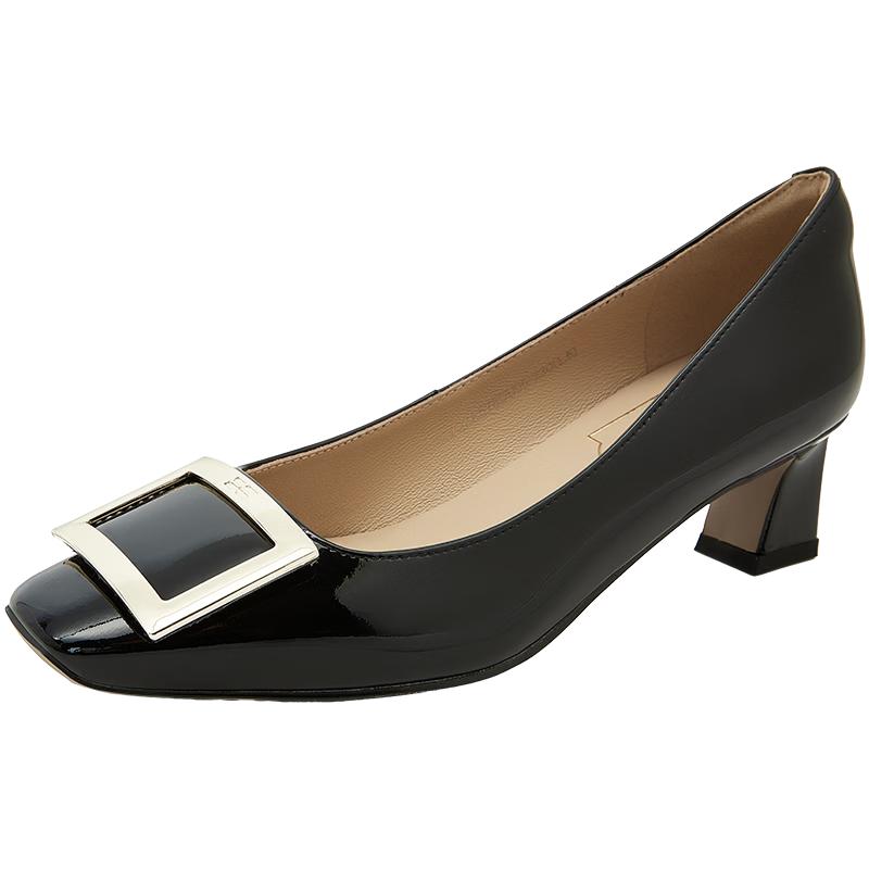COMELY Women s Leather Square Buckle Block Heel Pumps 37
