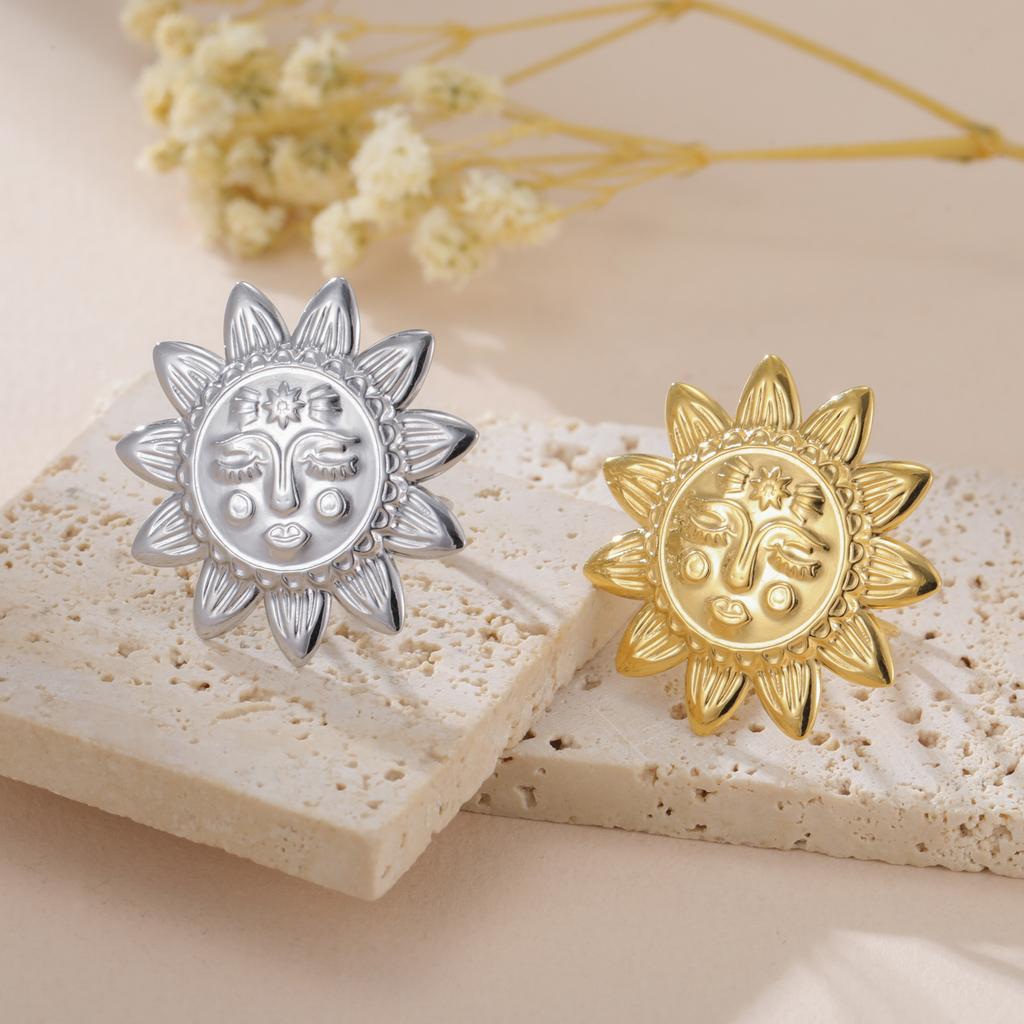Women's Aesthetic Flower Rings Stainless Steel Gold Open Adjustable Ring Wedding Jewelry Gift