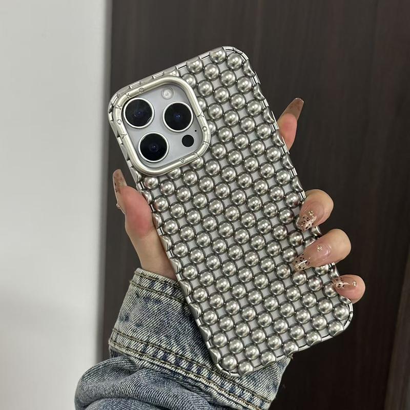 Matte Silver Hollow Out Beads Phone Case For iPhone 13 14 15 16 17 Pro Max 17 Air Summer Heat Dissipation Back Cover