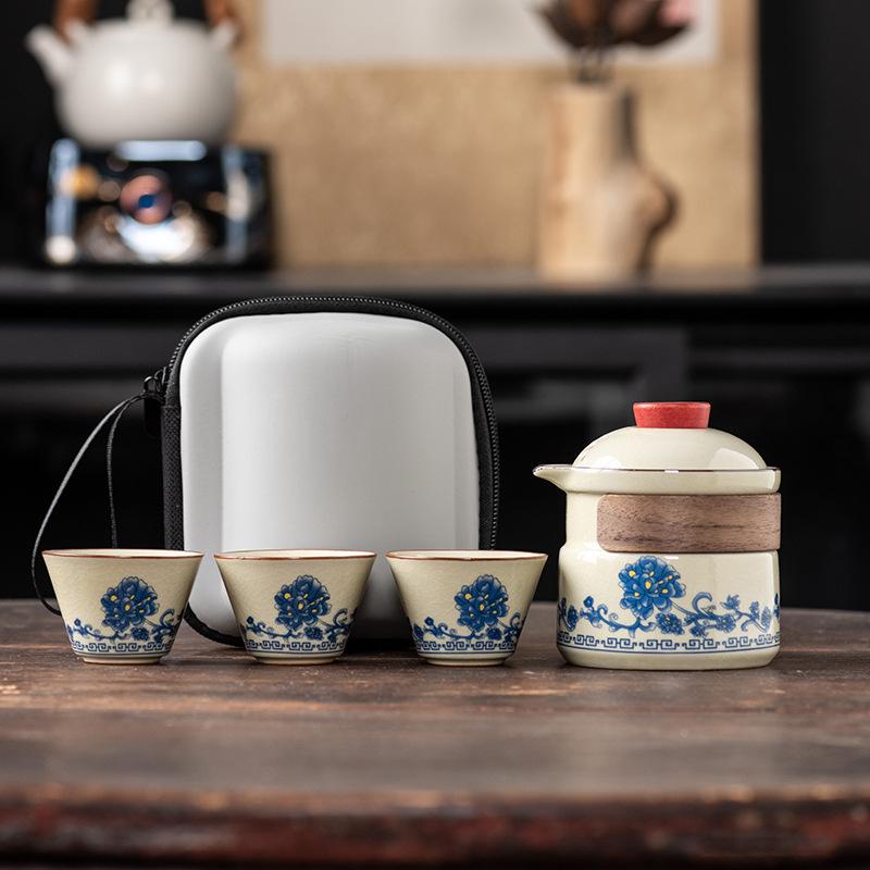 Outdoor Portable One Pot Three Cups Kung Fu Brewing Teapot Teacup Ru Kiln Travel Tea Set Gift Set