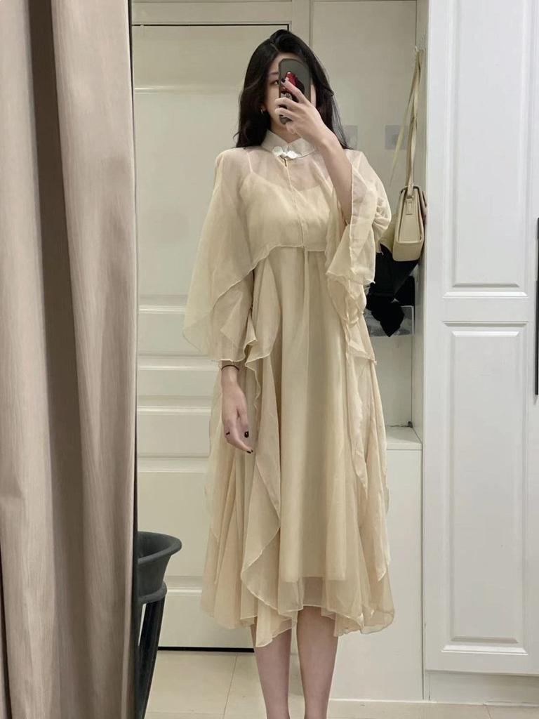 New Chinese Style Lotus Leaf Edging Dress Set With Sheeps Wool Fabric For Summer Casual Wear For Women