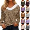 Women's Leopard Print Long Sleeve Spliced V-Neck Top with Fuzzy Collar for Winter