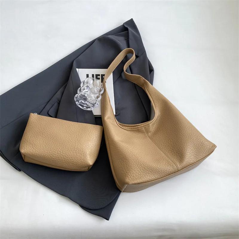 Soft leather large capacity bag for women casual shoulder bag with armpit monochromatic feminine all matched