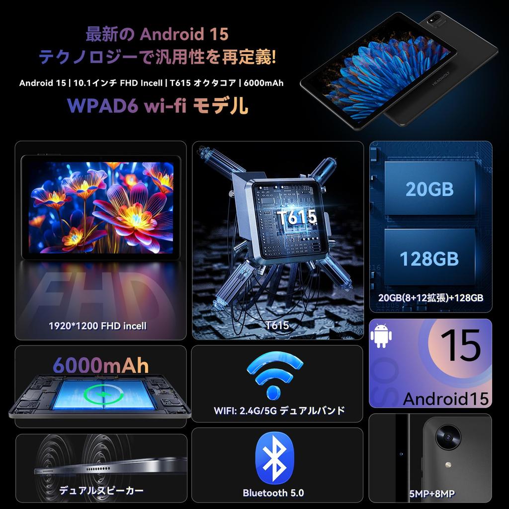 Android 15 Headwolf 1920x1200 Widevine L1 T615 20GB RAM 128GB Face Recognition Wireless Projection Earphone Jack Tablet, 10-inch, Wi-Fi Model WPad6,