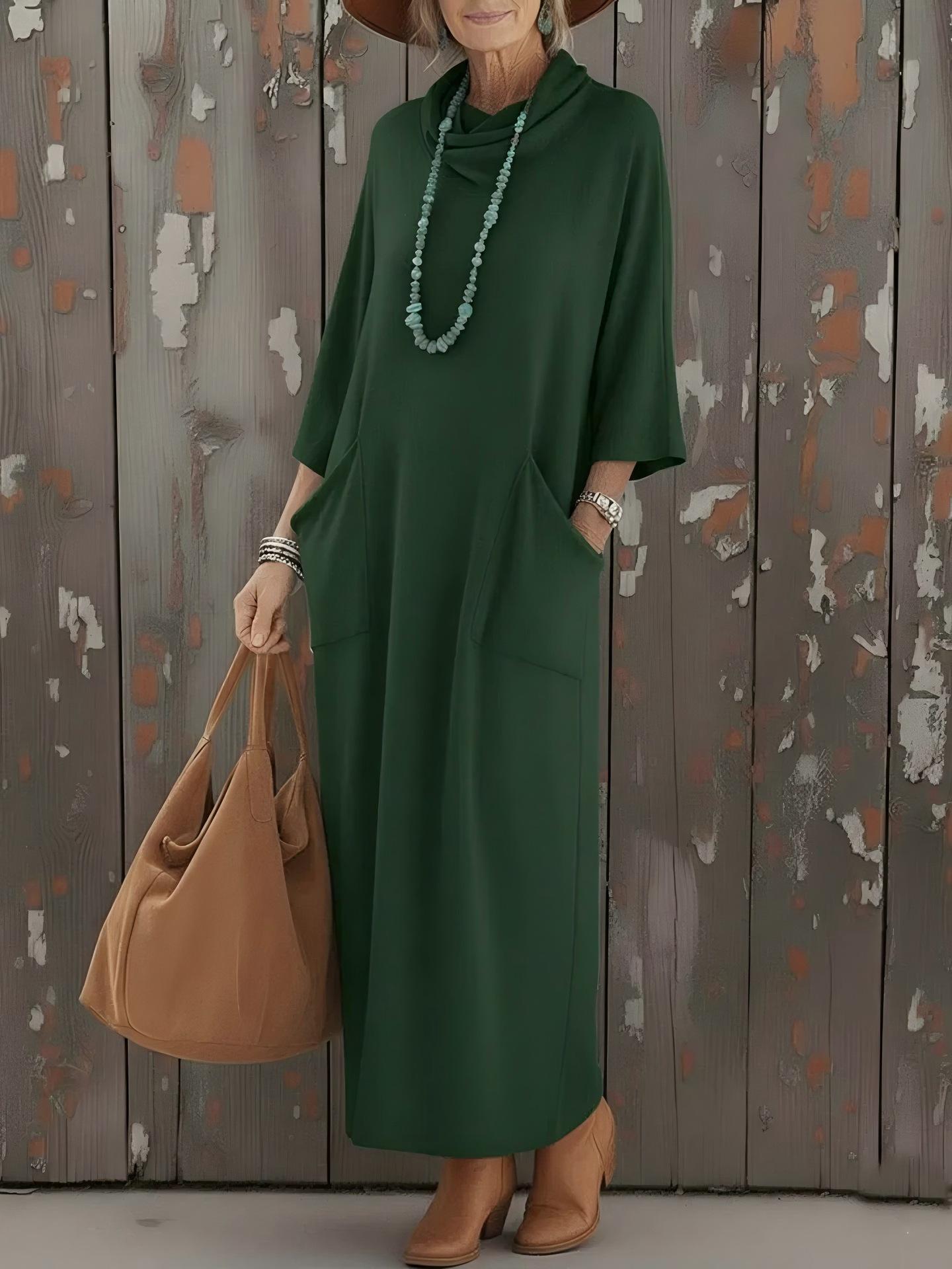 

2025 Women s Mid-Length High Neck Loose Knit Dress with Pockets XL зелений