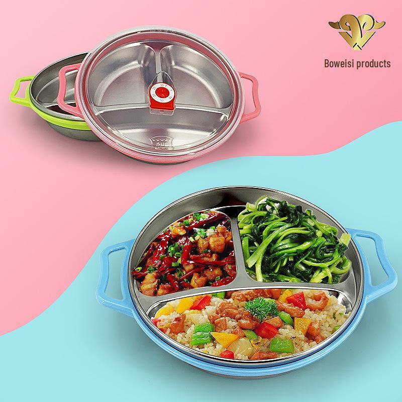 

Детская тарелка из нержавеющей стали 304 с разделителями - Круглая, с двойными ушками, утолщенный дизайн Without Lid зелёный