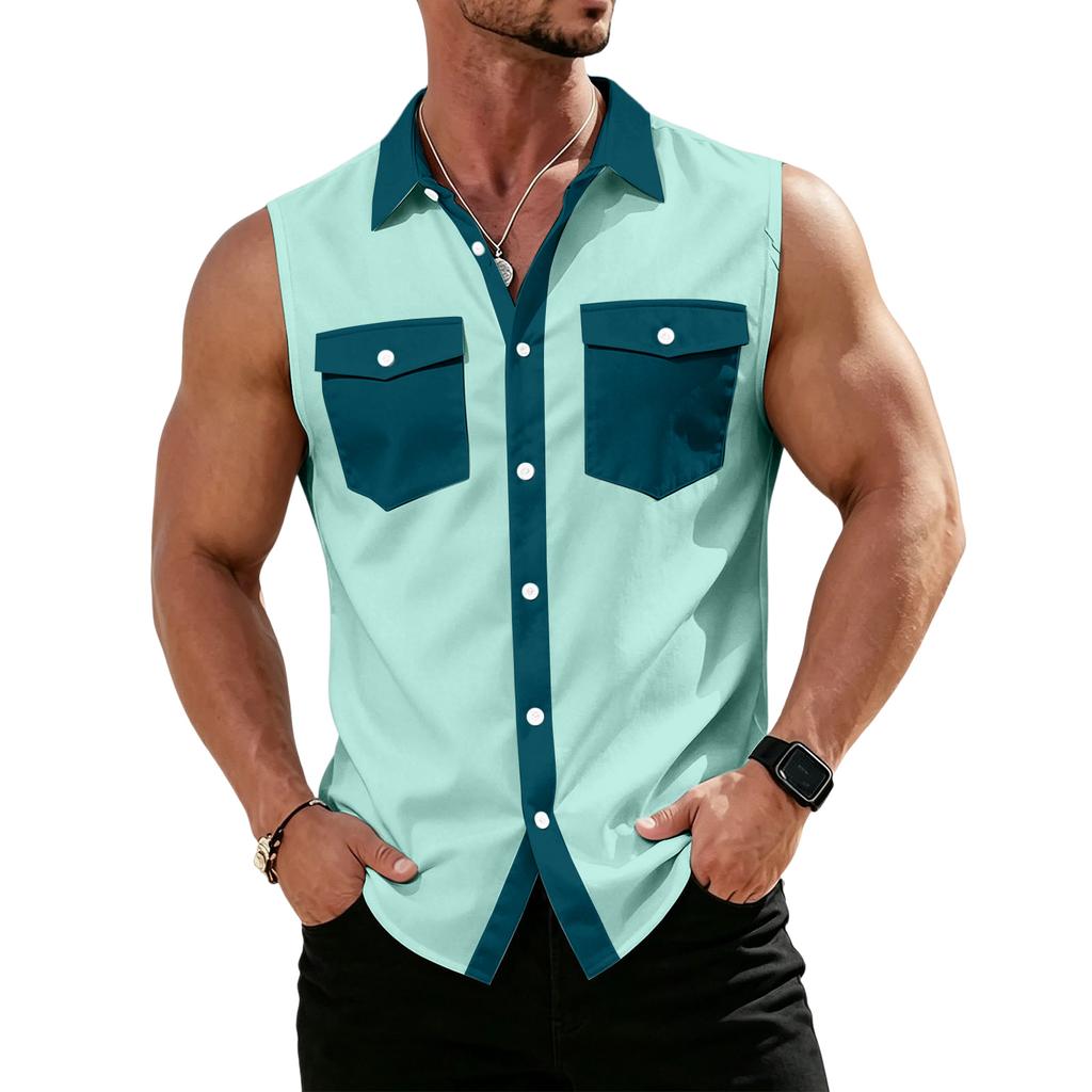 Men's Workwear Lapel Button-Down Vest Shirt - Lightweight Sleeveless Top