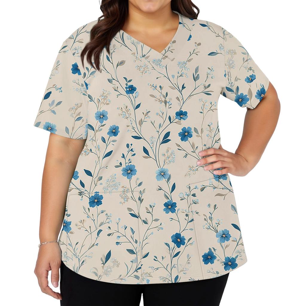 Women's Fashionable V-neck Short-Sleeved Work Top With Double Side Slits And Pockets, Featuring A Retro Floral Print.