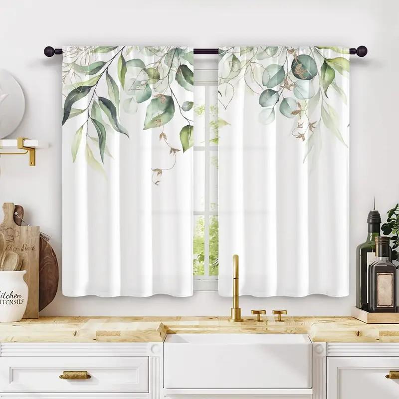 2pcs Fresh Eucalyptus Leaf Curtains: Suitable for Kitchen / Daily Use, Minimalist Style, Rod-Pocket