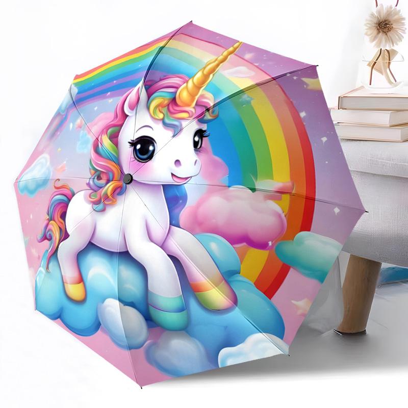1pc Rainbow Unicorn Fantasy Automatic Umbrella with Folding Compact Durable 8 Rib Design Foldable Carry Umbrella Stylish Accessory Perfect Birthday Y6