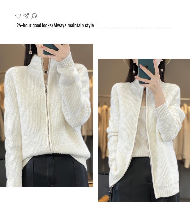 2024 Autumn/Winter Women's Thickened Pure Wool Embroidered Cardigan with Stand Collar and Zipper Closure