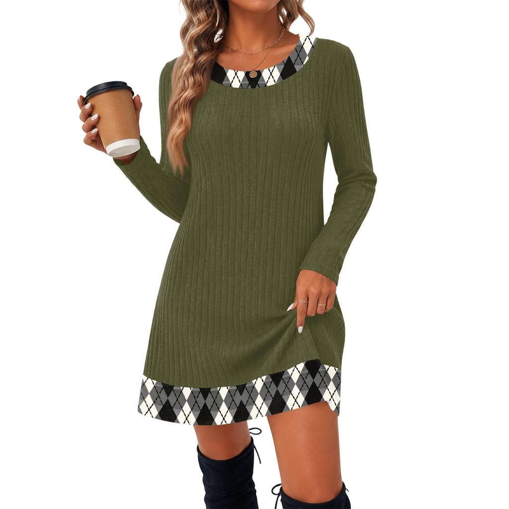 Women's Fashion Vertical Striped Knit Long Sleeve Dress for Casual Everyday Wear