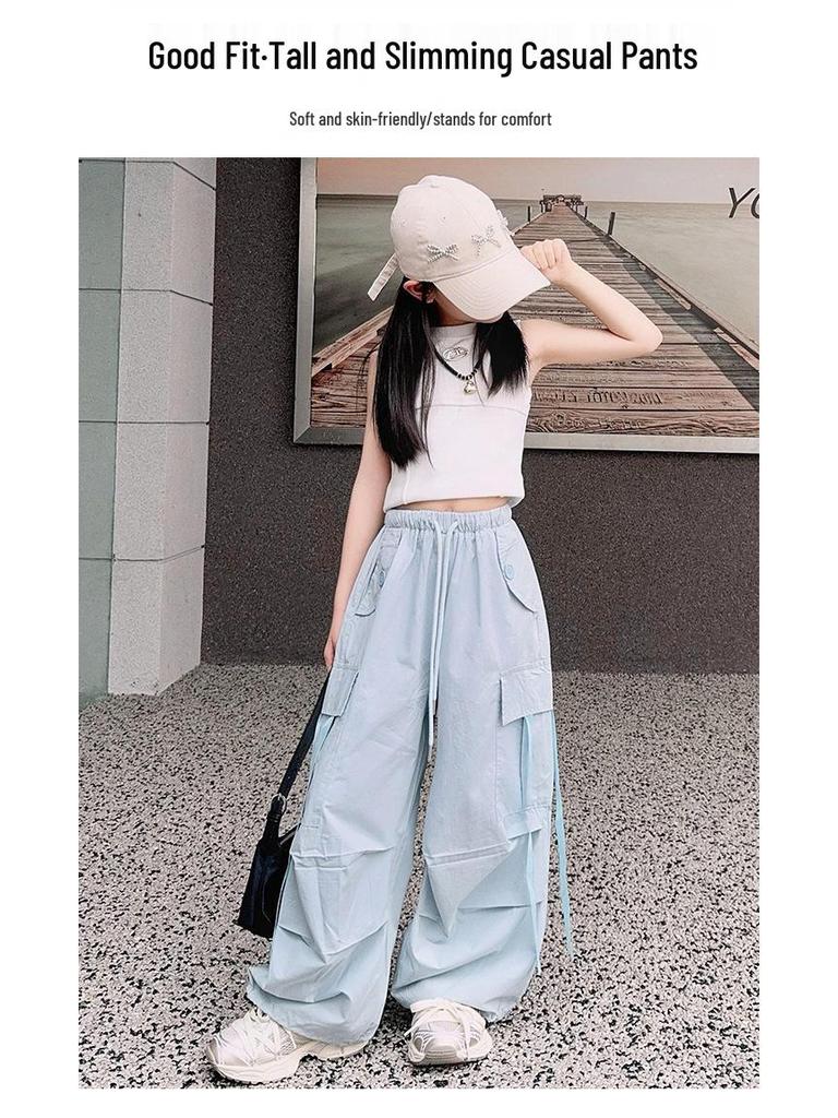 Girls' Loose Wide-Leg Summer Workwear Pants - Korean Street Style for Big Kids, Cool and Thin for Spring and Autumn.