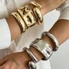 Salircon 3 Styles Exaggerated Punk Geometric Spring Bangle for Women Irregular Chunky Metal Cuff Bracelet Steampunk Jewelry Gift