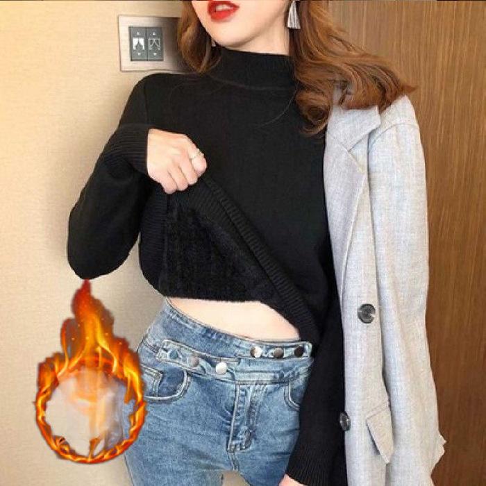 Add Fleece Base Slim-fit Sweater Women's Half Turtleneck One Thick Fleece Sweater Women's New Wintertime Half Turtleneck