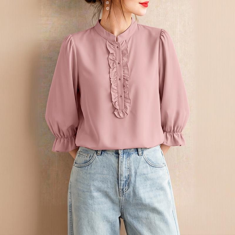 ZANZEA Women Casual Stand Collar Solid Color Loose 3/4 Sleeve Blouse