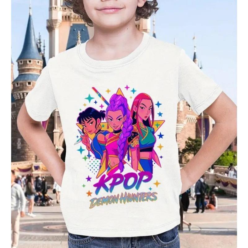 

K-pop Футболка с графикой «Охотники на демонов» для мальчиков и девочек, милая аниме футболка с круглым вырезом для возраста 3-13 лет, летние детские удобные топы и футболки 150