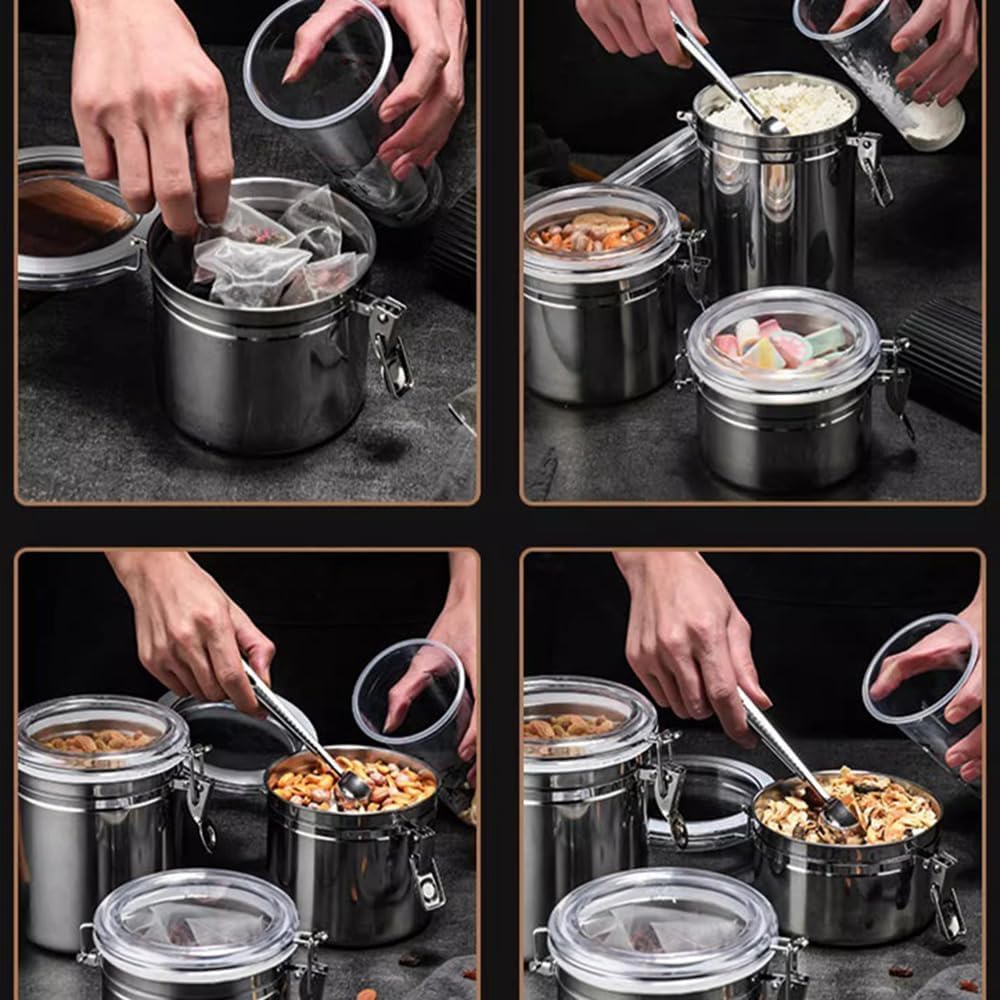 Stainless Steel Canister, Airtight Food Storage Container with Locking Clamp Clear Lids, Food Storage Coffee Beans Canister for Flour Tea Sugar Rice
