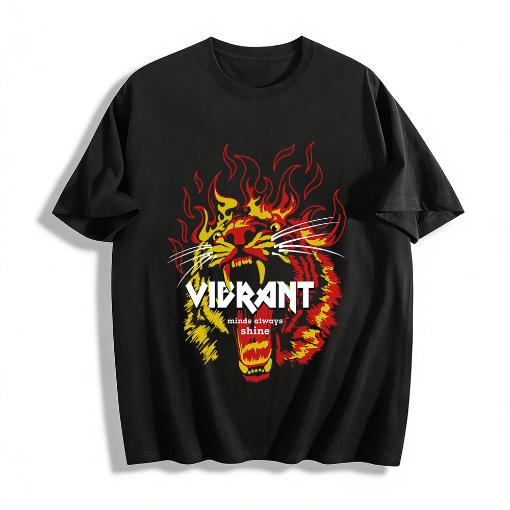 Roaring Tiger Flame Print Casual Tee Trendy Street Style Loose Top Pure cotton T-shirt XXS