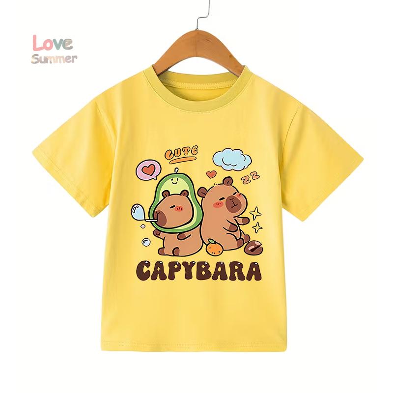2026 Summer 4-14 Yrs Girls Casual Short-Sleeve T-Shirt Cute Capybara Design Comfortable Fabric for Everyday Outdoor Activities