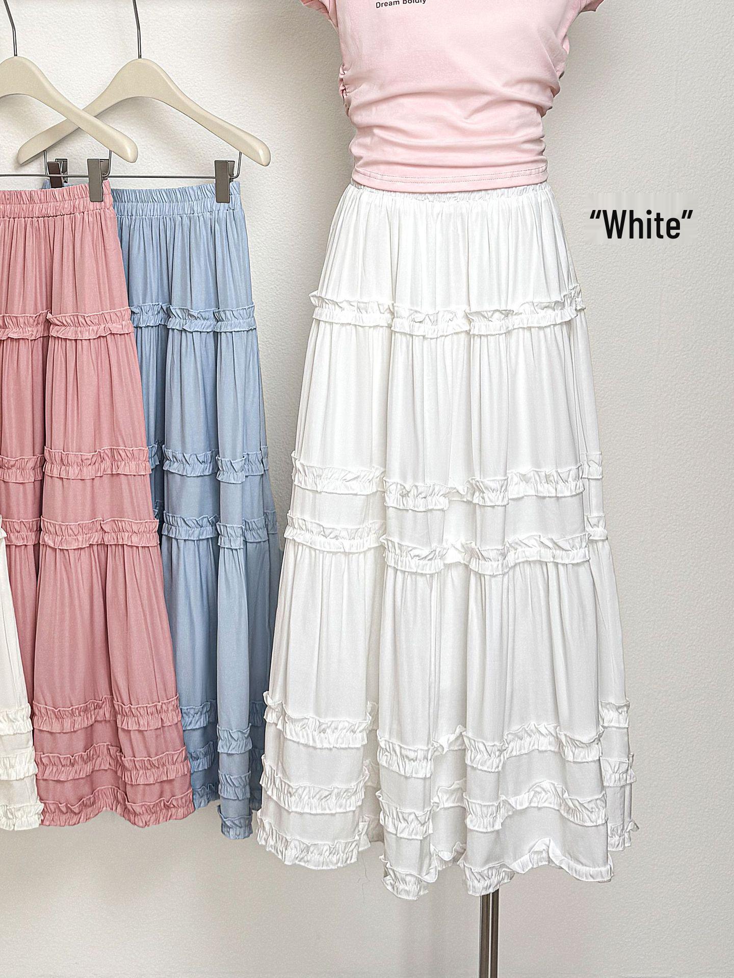 

Women s Summer Petite High-Waisted Layered Wood Ear Pleated A-Line Skirt One Size білий