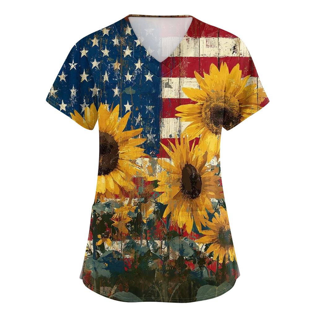 Damen V-Ausschnitt Unabhängigkeitstag Aufdruck Kurzarm Tasche Seitenöffnung Schutzkleidung Arbeitshemd