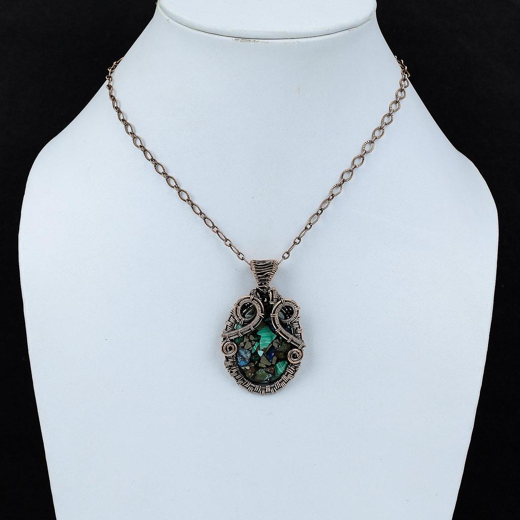 Copper Azurite Malachite Pendant Copper Wire Wrapped Gemstone Pendant Handmade Pendant Copper Jewelry Ethnic Style Pendant Jewelry For Gift