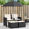 VidaXL 2-seater Garden Sofa with Parasol and Stools Black Rattan, Outdoor Sofa, Garden Chaise Longue, Sofa 365882