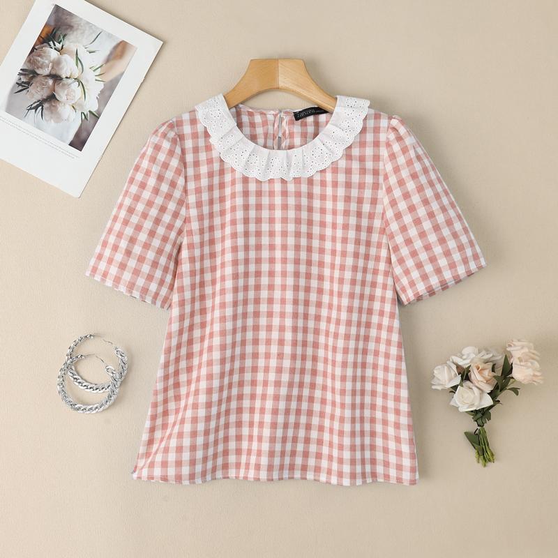 ZANZEA Damen Patchwork Rundhals Casual Kurzarm Bluse mit Karomuster