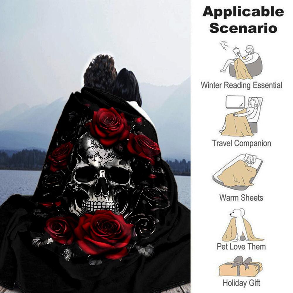 1pc Skull Roses Blanket Lightweight Flannel Throw for Sofa Bed Travel Camping Livingroom Office Couch Chair