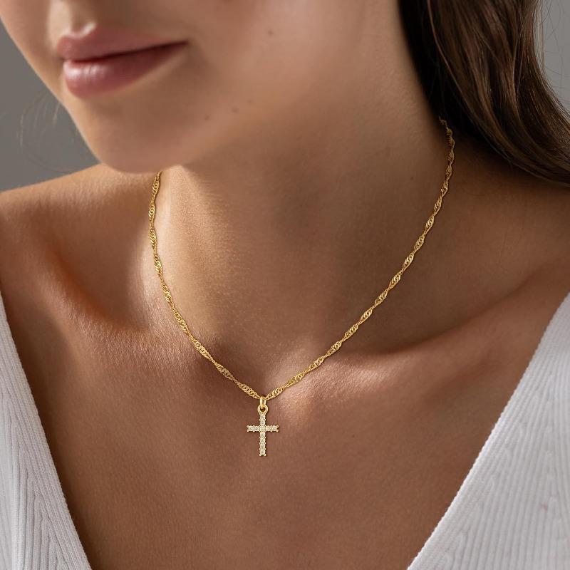 18K Real Gold Plated Stainless Steel Cross Necklace for Women Girls Non Tarnish Waterproof Easter Christian Faith Jewelry Gifts