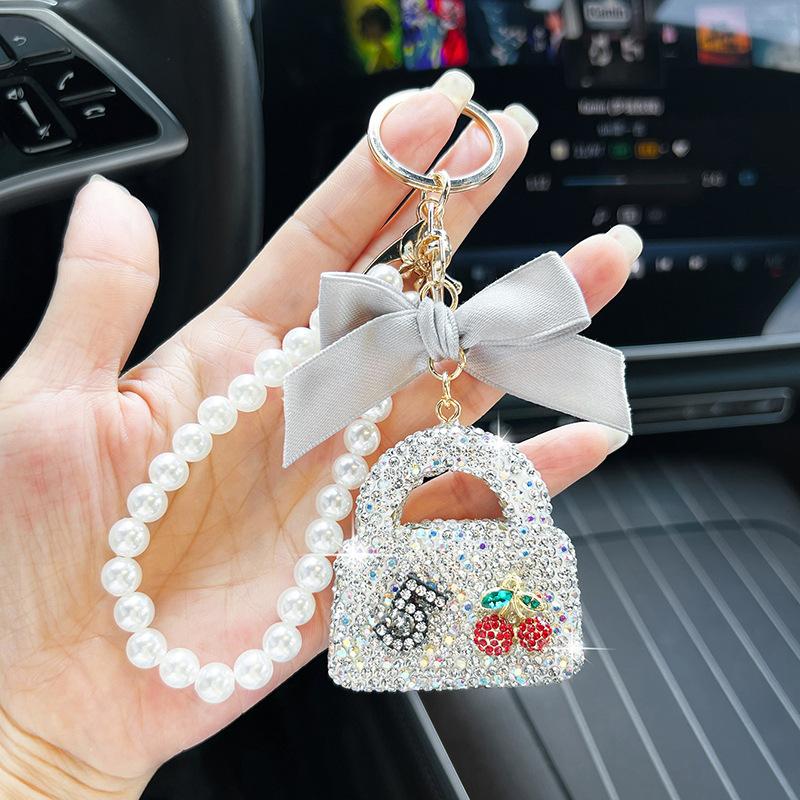 Bling Mini Handbag Keychain, Sparkling Zircon Purse Charm with Bow ,Luxury Zircon Mini Bag Keyring, Cherry & Number 5 Design with Satin Bow белый