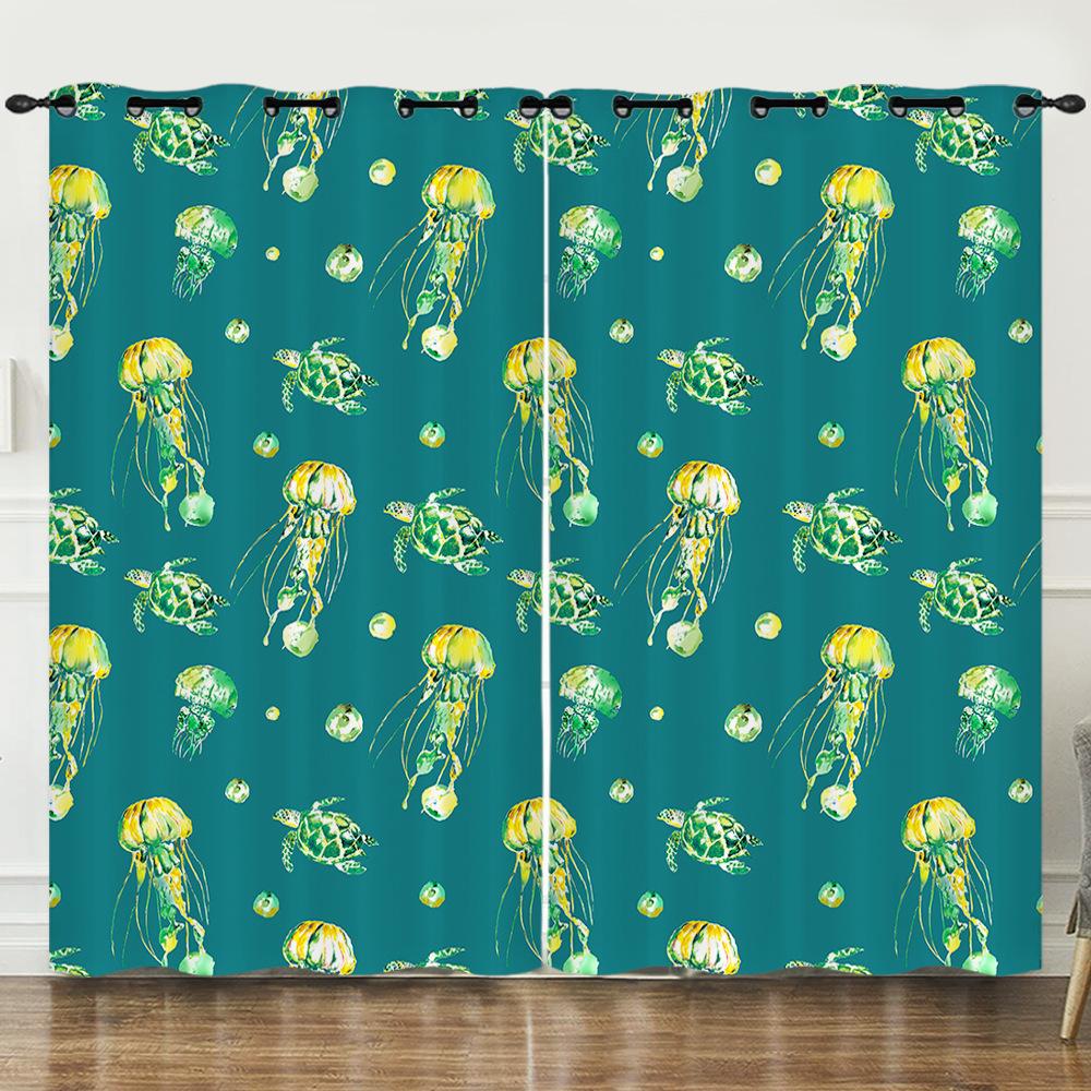 Curtain Cartoon Marine Life Jellyfish 3D Digital Printing Blackout Curtain Perforated Bay Window