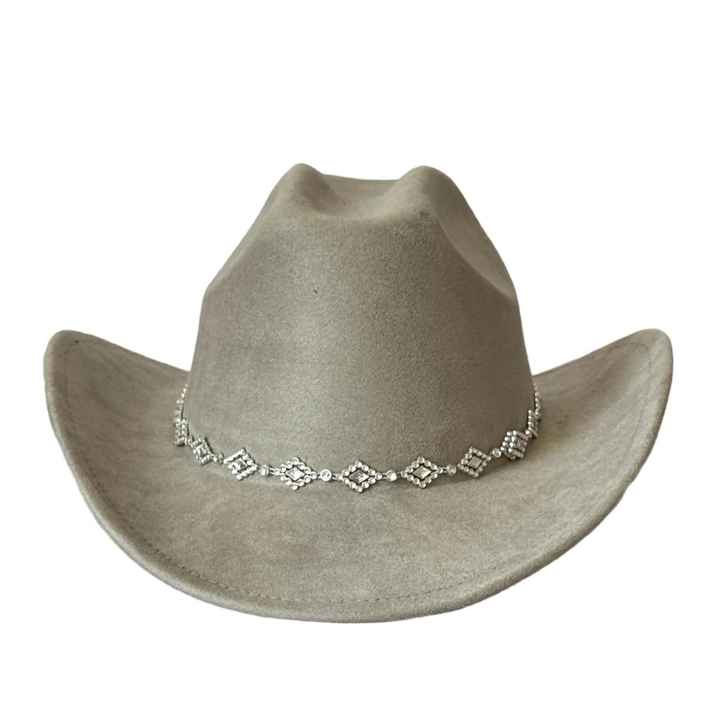Rhombus Rhinestone Suede Cowboy Hat - Upturned Brim, Fluffy Design, Perfect for Parties or Gifts