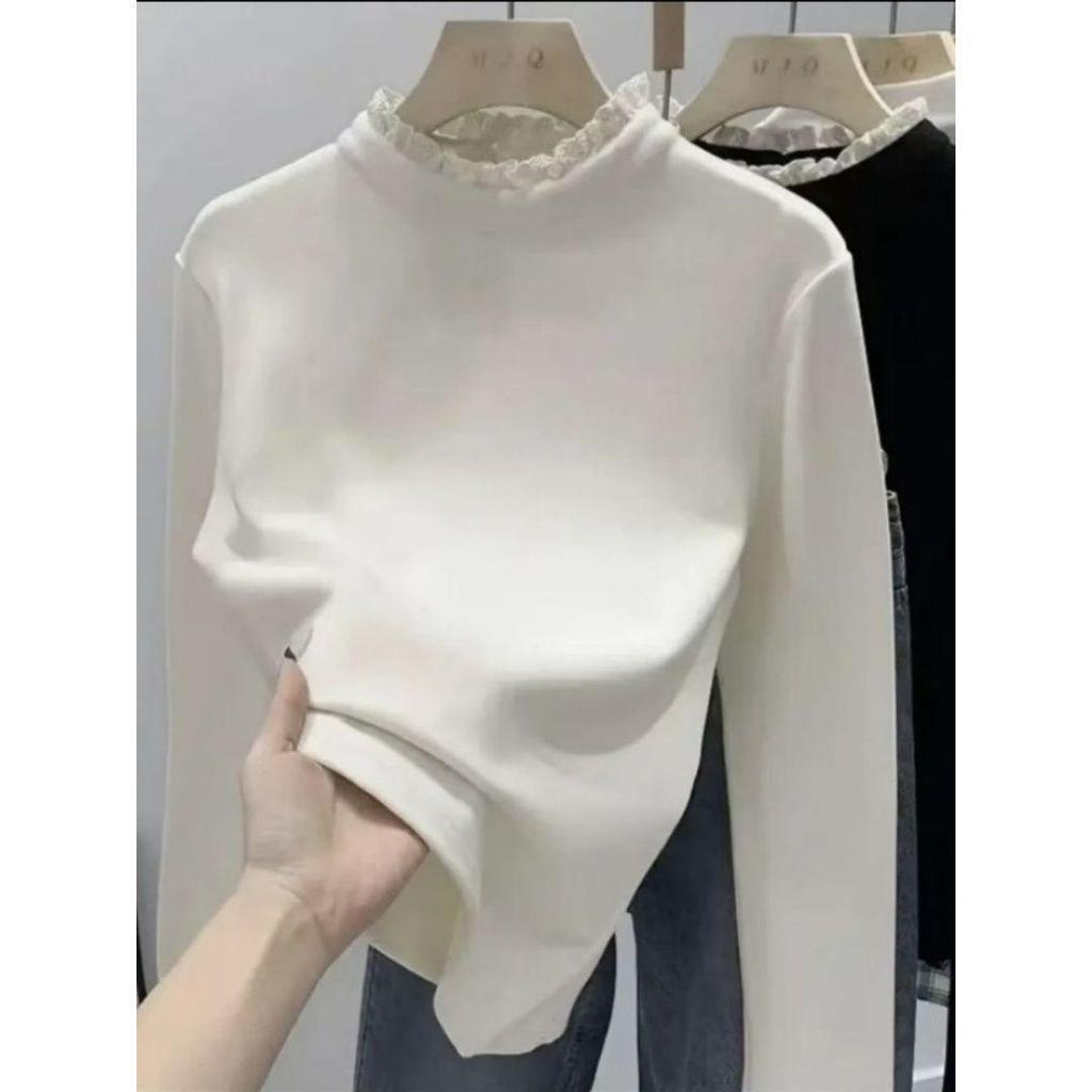 Women's Slimming Plus Size Lace High Neck Long Sleeve Warm Base Layer T-shirt for Autumn/Winter
