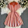 French Contrasting Color Retro Lapel Short-sleeved Striped Knitted Dress, Women's Waist Temperament and Thin A-word Short Skirt