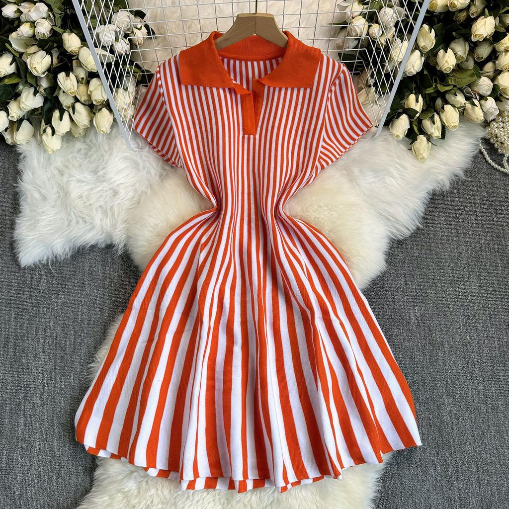 French Contrasting Color Retro Lapel Short-sleeved Striped Knitted Dress, Women's Waist Temperament and Thin A-word Short Skirt