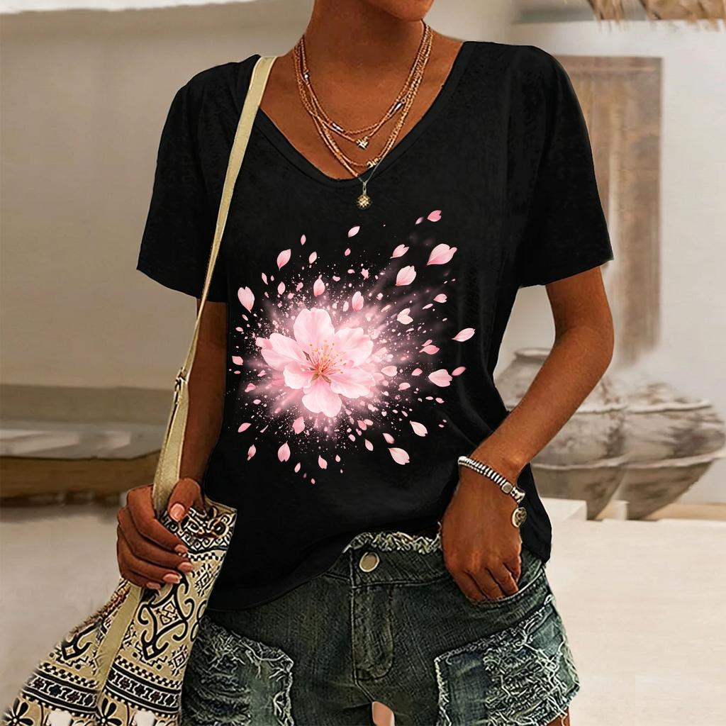 Women's Sunflower Print V-Neck T-Shirt, Casual Short Sleeve Tops,Bright Floral Daily Wear for Spring & Summer
