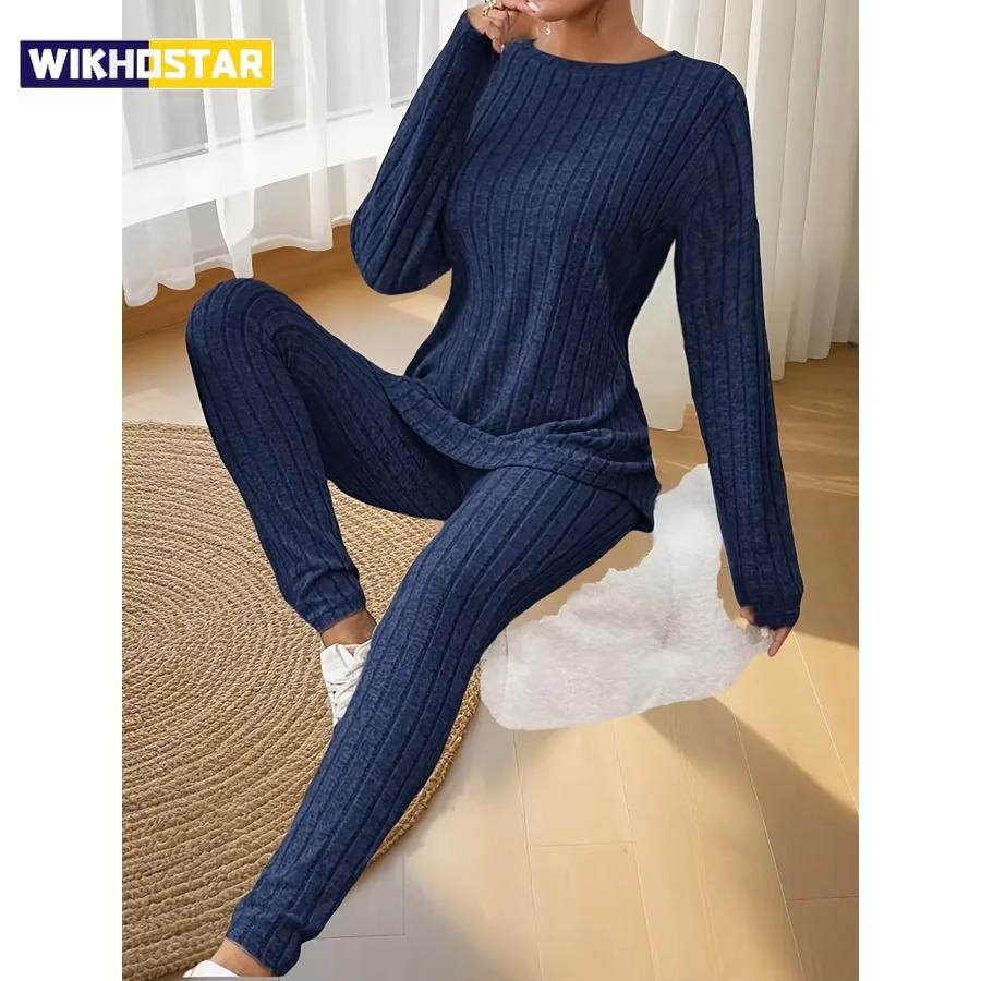 Women's Autumn and Winter Pajamas, Simple Solid Color, Casual and Comfortable, Slim Fit, Fashionable Long-Sleeved Long Pants, Ca
