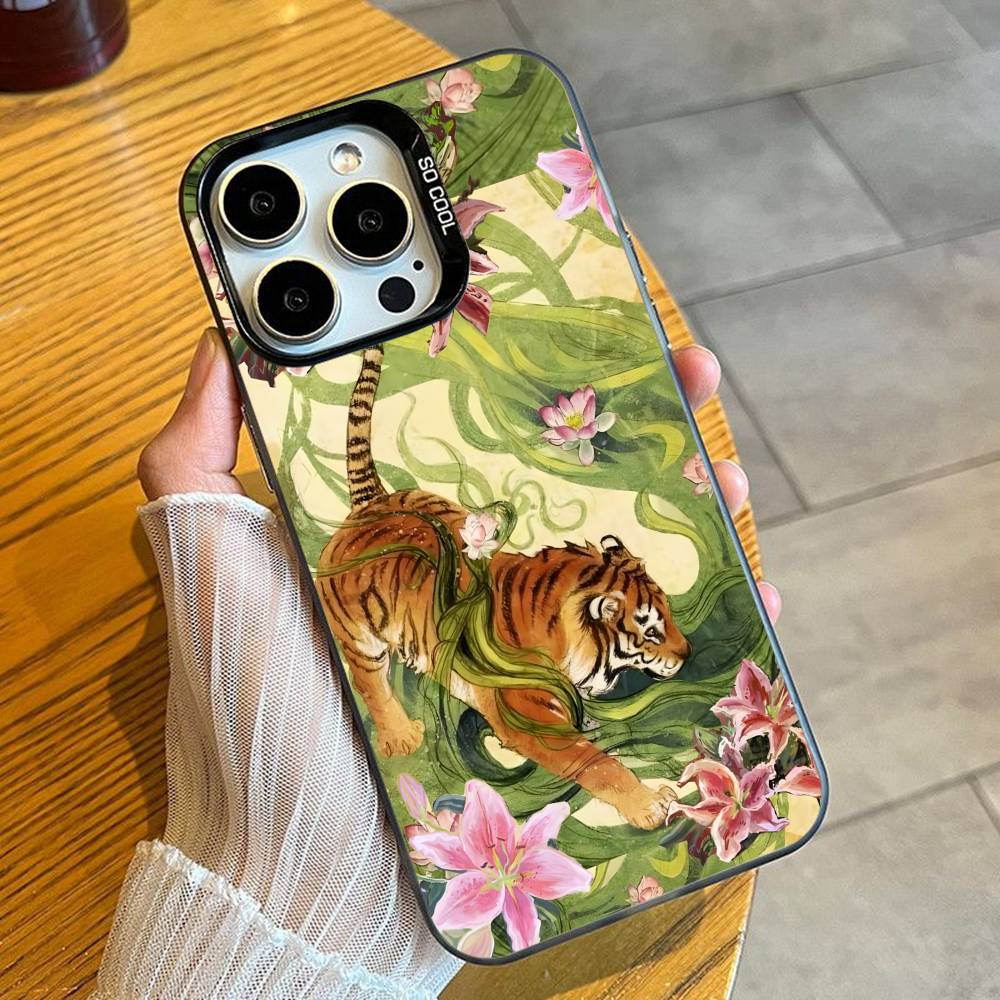 Ukiyo-e Style Tiger Tortoise Print Phone Case For iPhone 16 17 15 14 12 13 Pro Max Black Candy Matte Shockproof Cover
