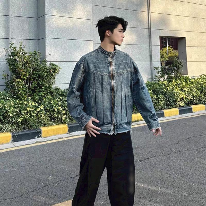 Unisex Retro Mecha Gewaschene Used-Denimjacke mit rohem Saum - High Street Lockerer Schnitt, Stehkragen, Lässiger Stil