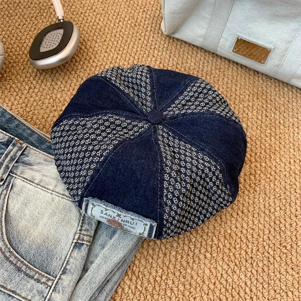 Korean Patch Splicing Beret Vintage Painter Cap Casual Denim Berets  Summer and Autumn