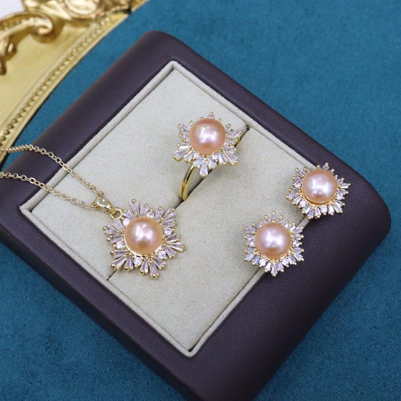 18K Gold-Plated Freshwater Pearl Jewelry Set: Necklace, Earrings & Ring with Micro-Pave Diamonds (9-10mm Pearls).