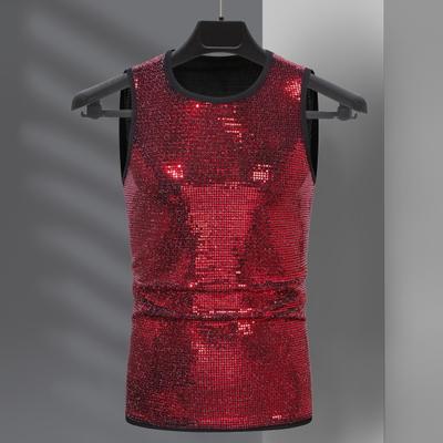 Summer Men Vest Shiny Metallic Round Neck Sleeveless Slim Fit Stretchy Mid Length Club Performance Stage Show Pullover Tank Top
