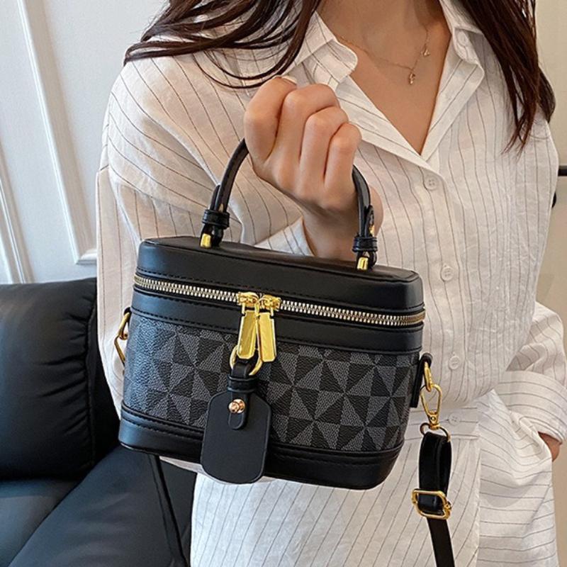 Vintage Geometric Jacquard Box Crossbody Bag, Mini Top Handle Cosmetic Purse with Detachable Strap ,women Fashion Shoulder Bags