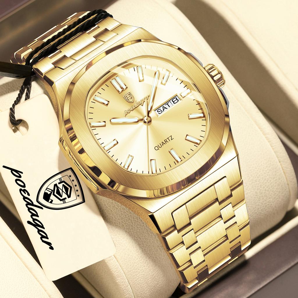 POEDAGAR Top Business Men Wristwatch Luminous Waterproof Stainless Steel Square Male Clock Week Date Quartz Casual Men's Watches