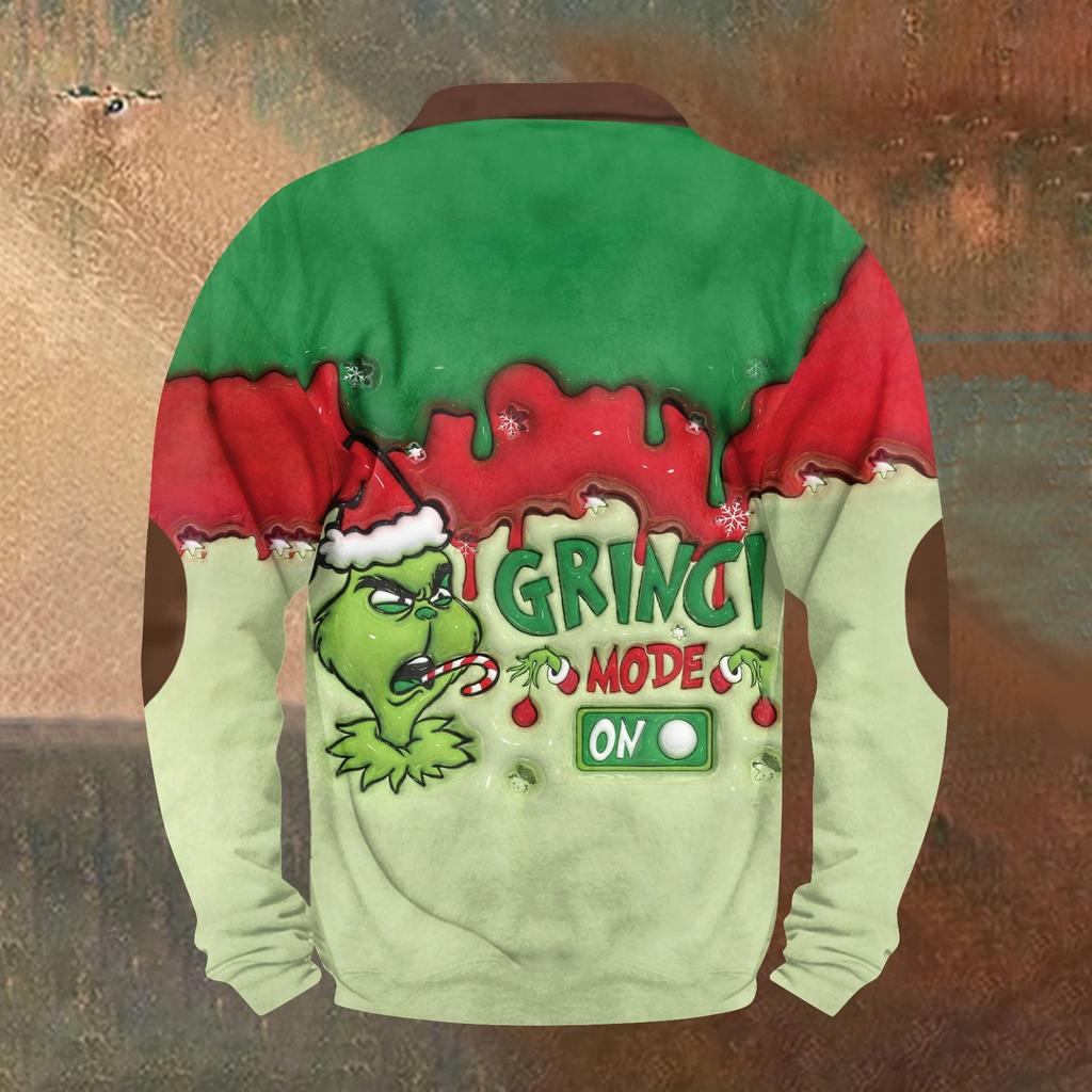Men's Vintage Green Christmas Casual Three-dimensional Printed Zip-up Sweatshirt Pullover