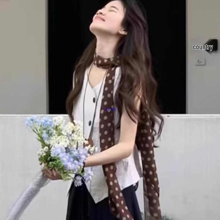 Retro French Polka Dot Silk Scarf - Brown Neckerchief for Women